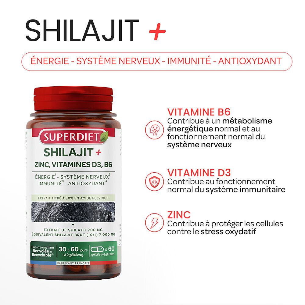 Flacon de pilules brun avec bouchon rouge, étiquette Superdiet Shilajit+, Zinc, Vitamines D3, B6, Énergie, Immunité.