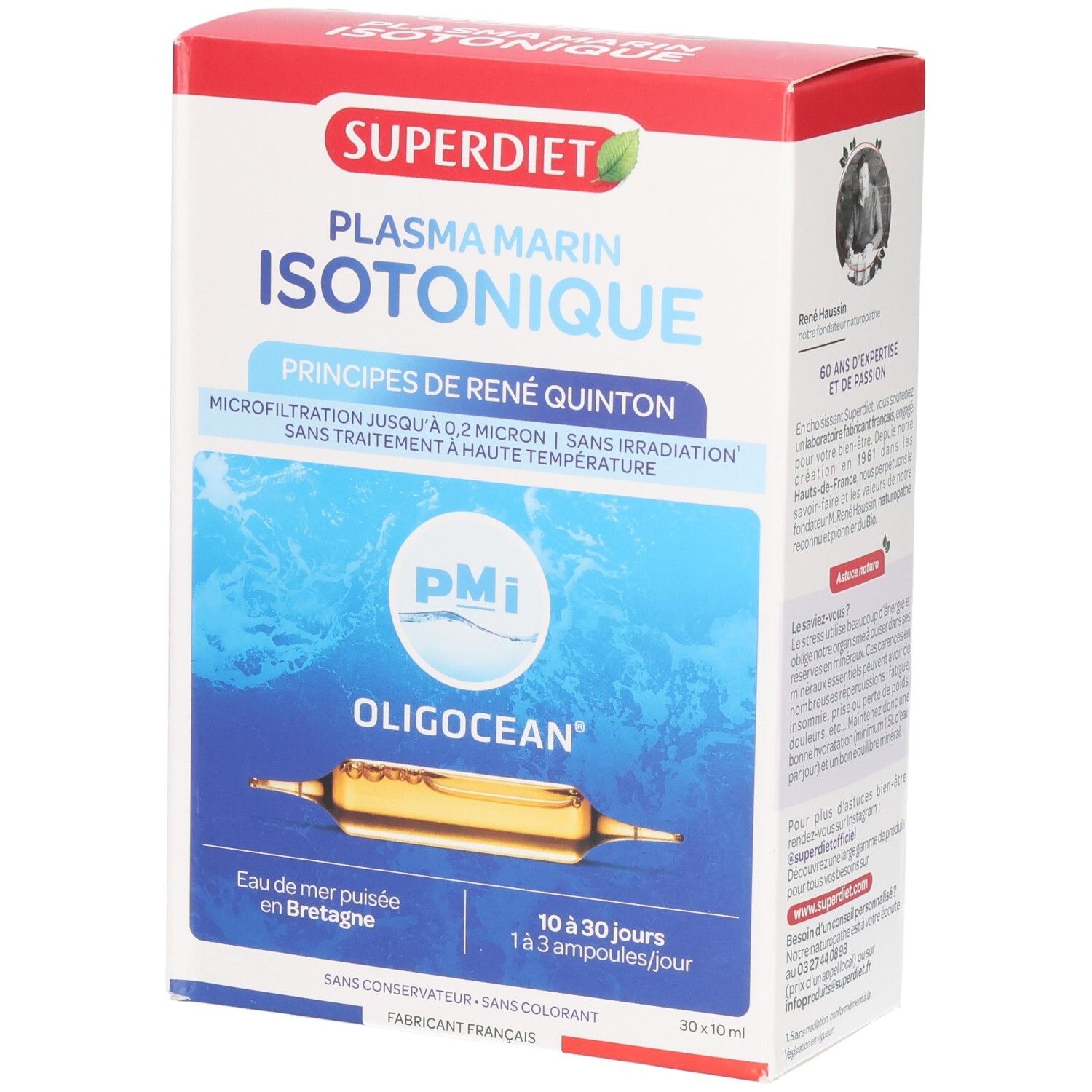 Verpackung von Superdiet Oligocean Plasma Marin Isotonique. Rote und weiße Schachtel mit Produktinformationen und Ampulle.