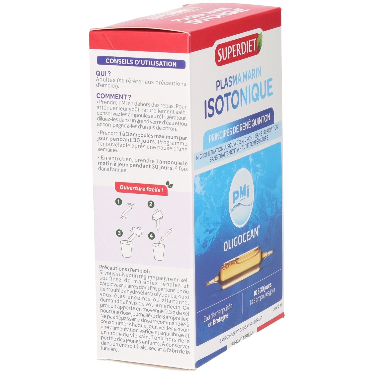 Rückseite der Superdiet Oligocean Plasma Marin Isotonique Verpackung. Enthält Anweisungen und Produktinformationen.