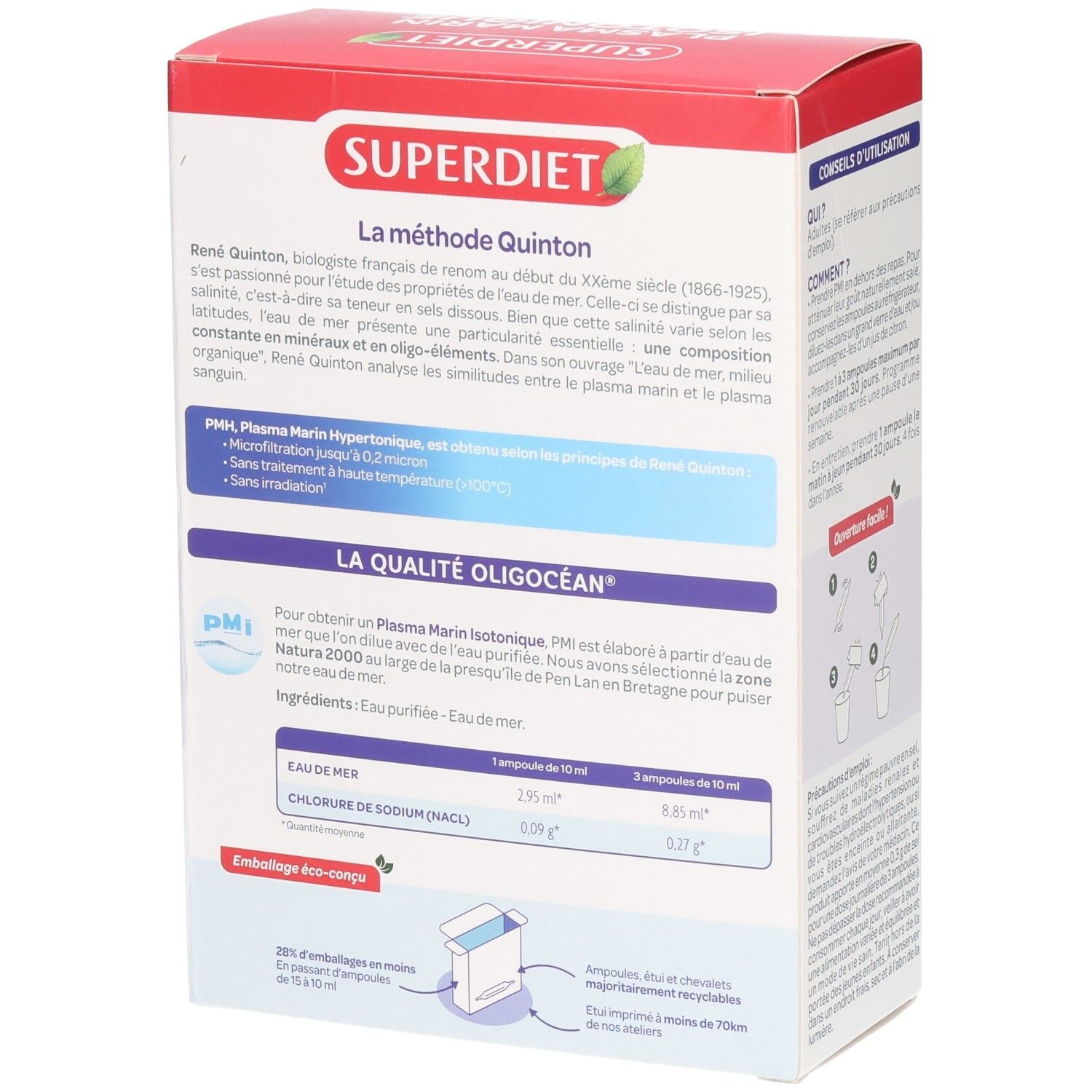 Rückseite der Superdiet Oligocean Plasma Marin Isotonique Verpackung. Enthält Inhaltsstoffe und Informationen.