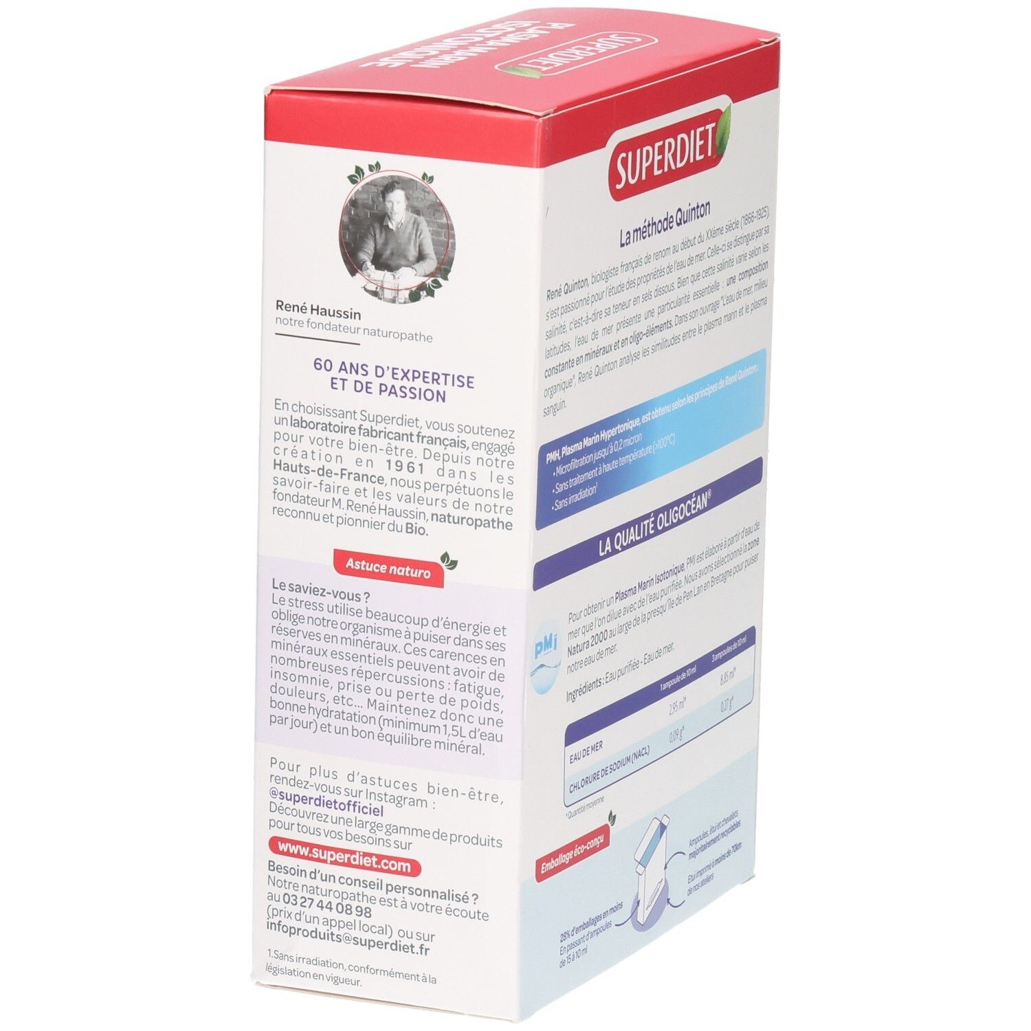 Seite der Superdiet Oligocean Plasma Marin Isotonique Verpackung. Enthält Informationen und ein Logo.