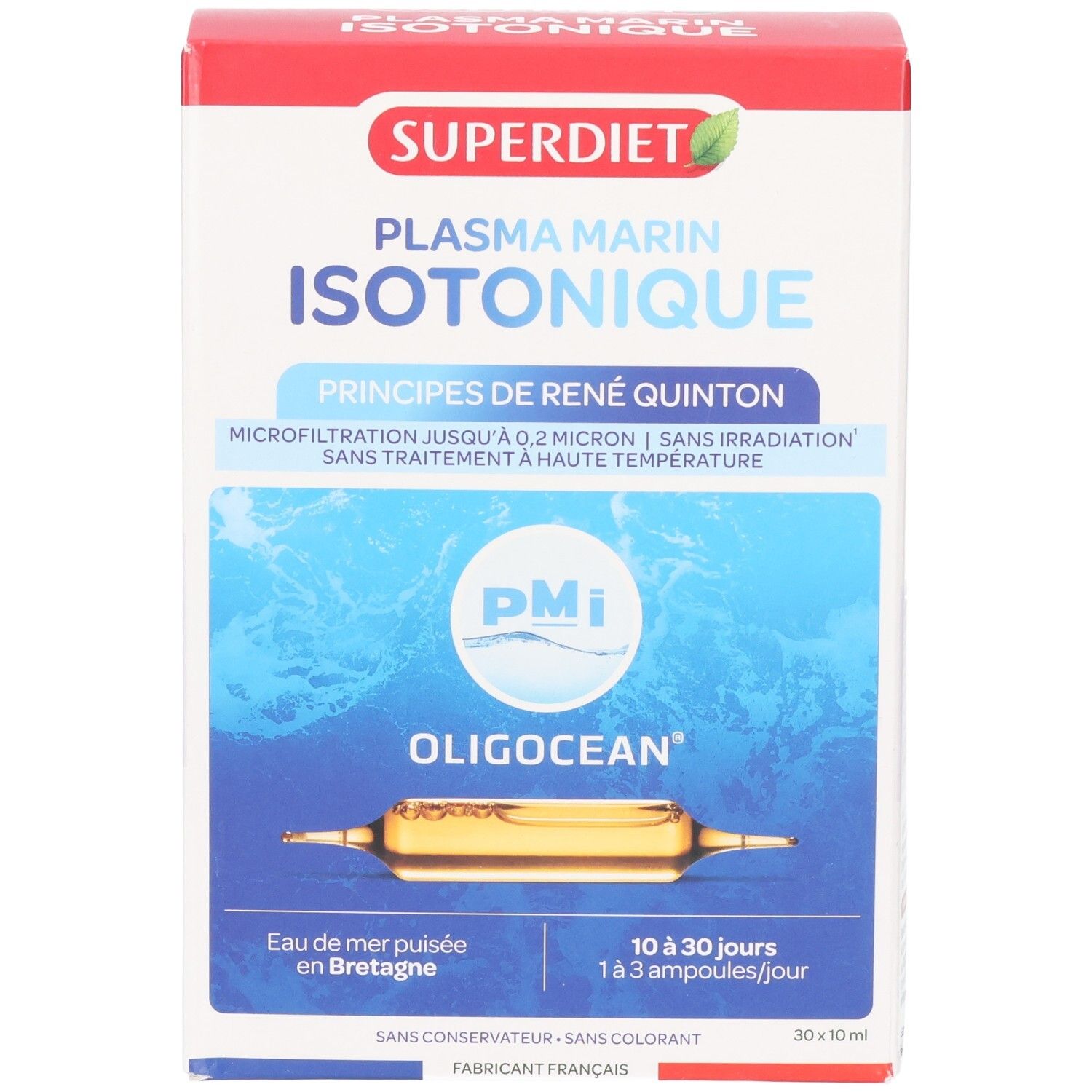 Vorderseite der Superdiet Oligocean Plasma Marin Isotonique Verpackung. Zeigt Produktnamen und Ampulle.