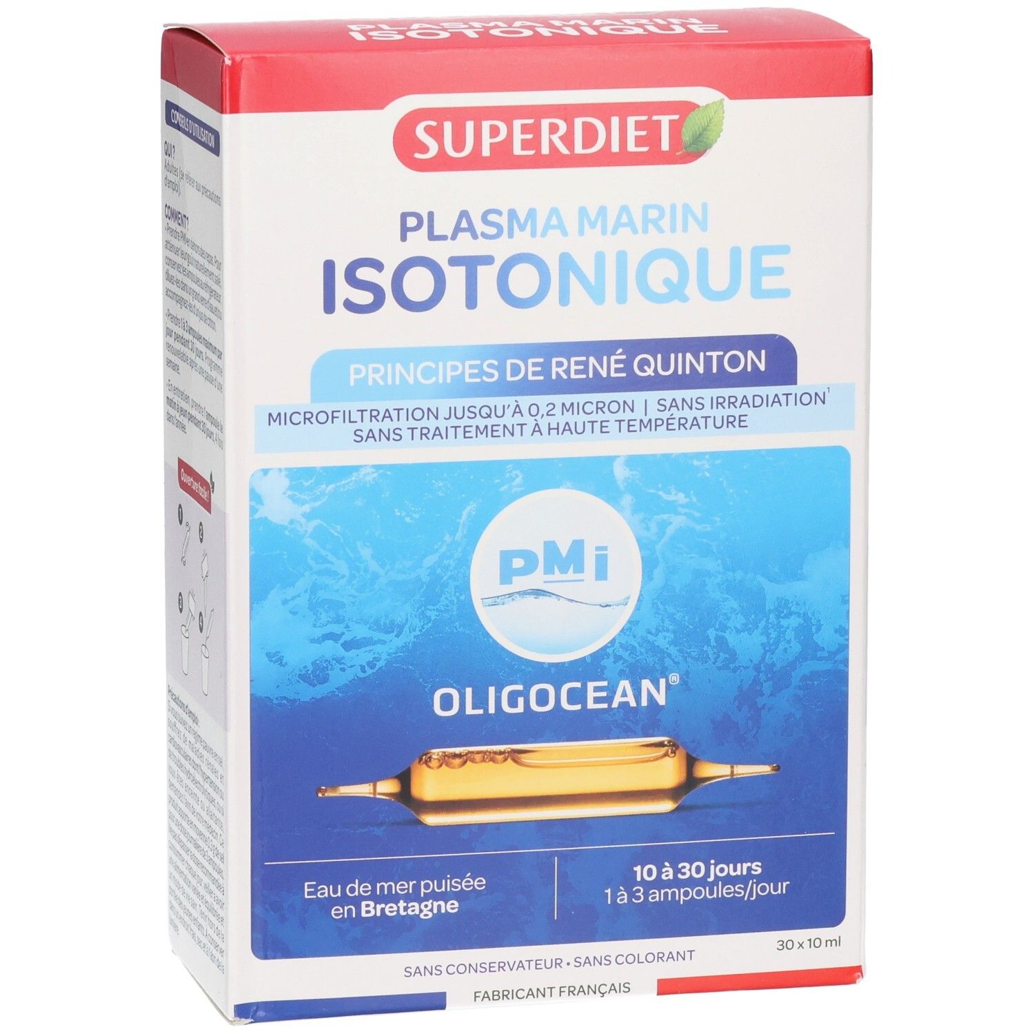 Vorderseite der Superdiet Oligocean Plasma Marin Isotonique Verpackung. Zeigt Produktnamen und Ampulle.