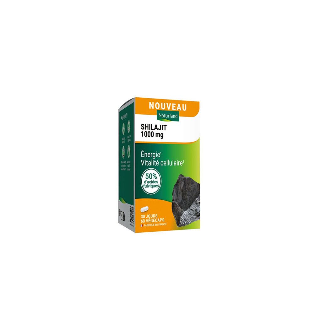 Kartonverpackung mit Produktinformationen. Aufschrift: SHILAJIT 1000 mg. Grün-weißes Design mit Produktabbildung.