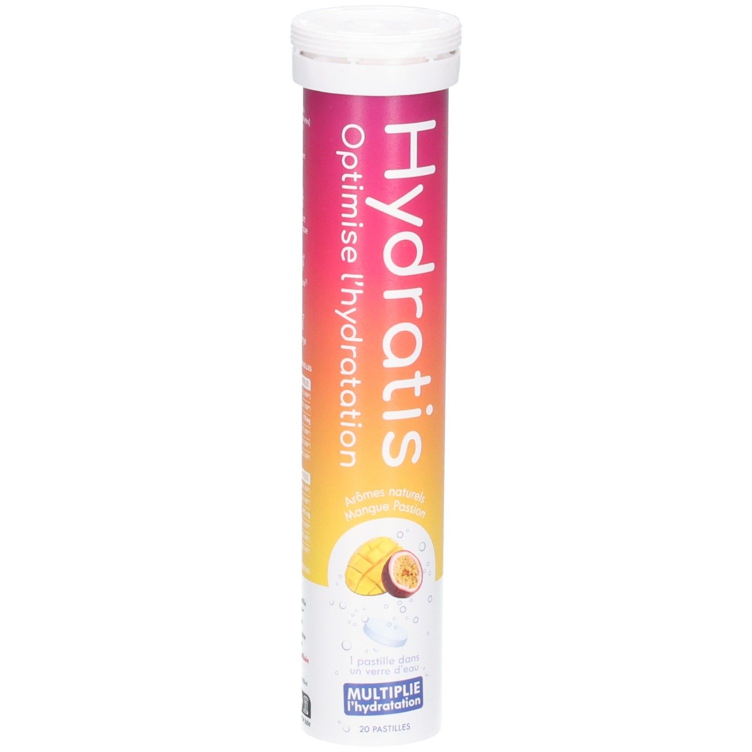 Zylindrische Verpackung mit "Hydratis"-Logo. Enthält Tabletten zur oralen Rehydratation. Mango-Passionsfrucht-Geschmack.