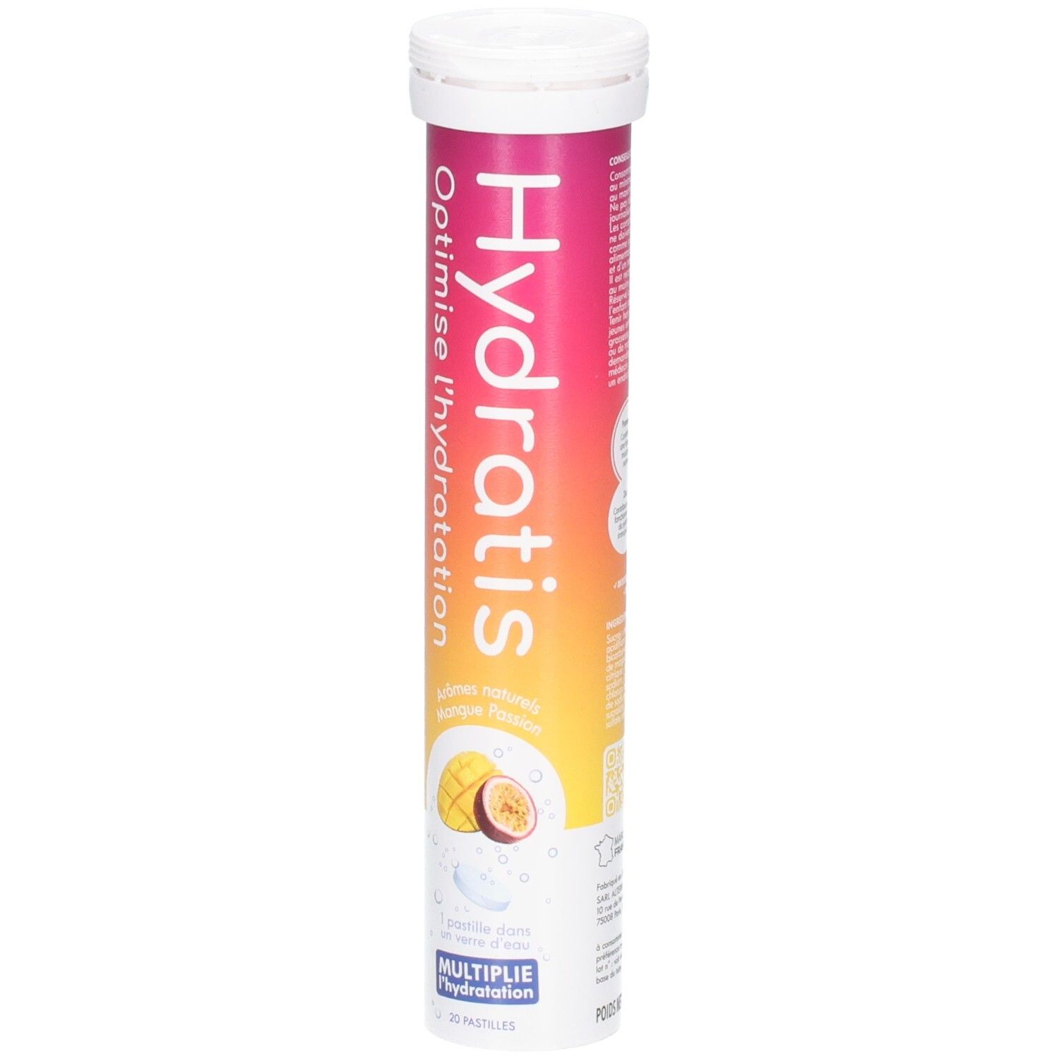 Zylindrische Verpackung mit "Hydratis"-Logo. Tabletten zur oralen Rehydratation. Mango-Passionsfrucht-Geschmack.