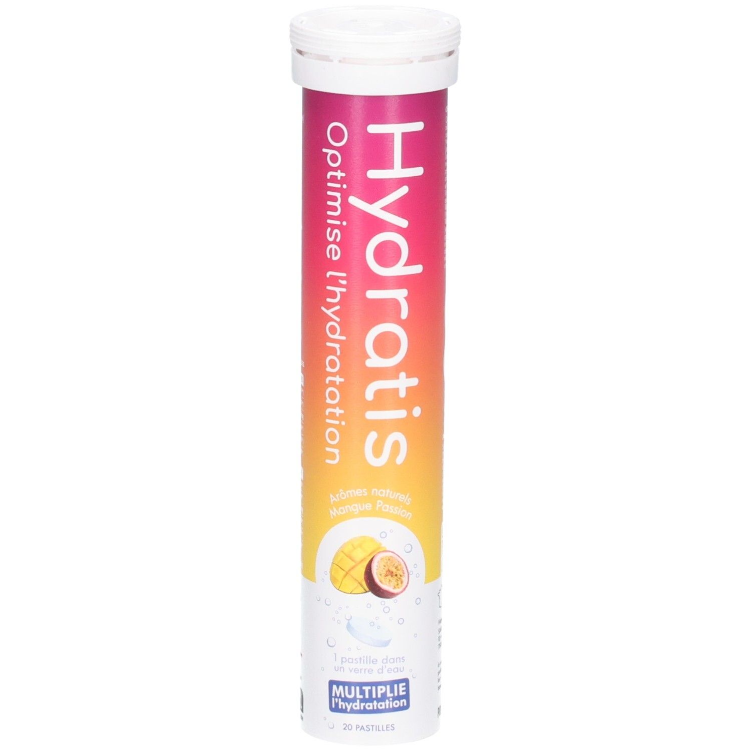 Zylindrische Verpackung mit "Hydratis"-Logo. Tabletten zur oralen Rehydratation. Mango-Passionsfrucht-Geschmack.
