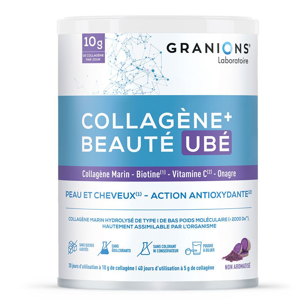 Boîte cylindrique GRANIONS COLLAGENE+ BEAUTE UBE. Contient collagène, biotine, vitamine C et onagre. Pour la peau et les cheveux.