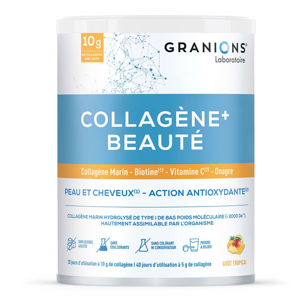 Dose GRANIONS COLLAGENE+ BEAUTE. Haupttext: COLLAGÈNE+ BEAUTÉ. Enthält Kollagen, Biotin, Vitamin C. Geschmack: Tropical.