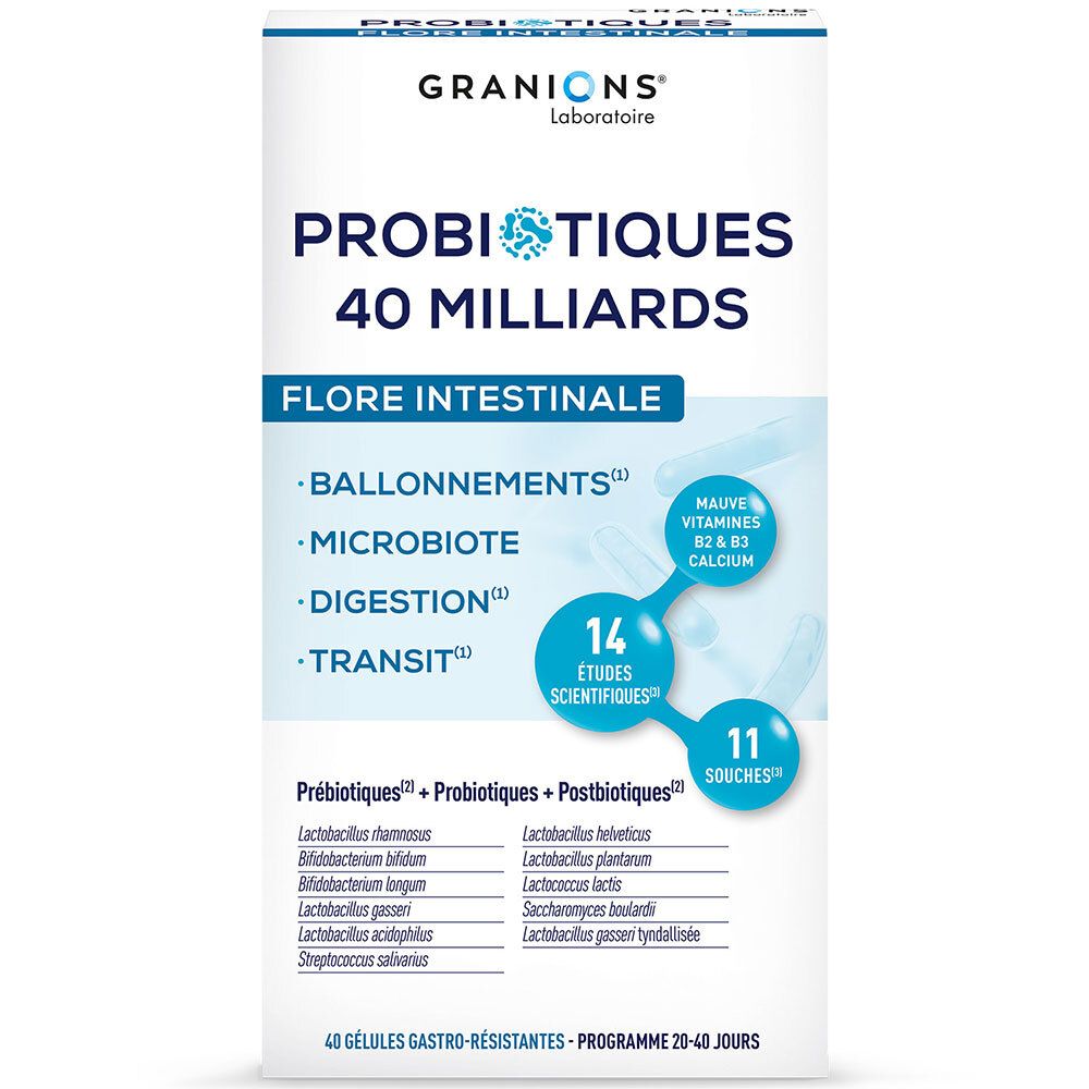 Schachtel mit Granions Probiotika, 40 Milliarden, Darmflora. Enthält 11 Stämme, 14 Studien. Enthält Vitamine.