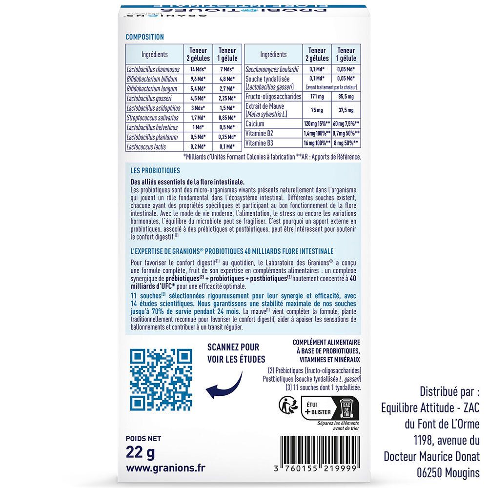 Rückseite der Schachtel Granions Probiotika. Text: Zusammensetzung, Inhaltsstoffe, Nährwertangaben, QR-Code, Adresse.