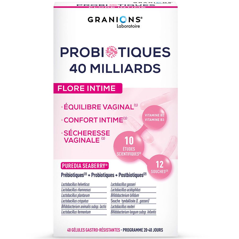 Boîte de GRANIONS PROBIOTIQUES 40 MILLIARDS. Texte : FLORE INTIME, 12 souches, 10 études.