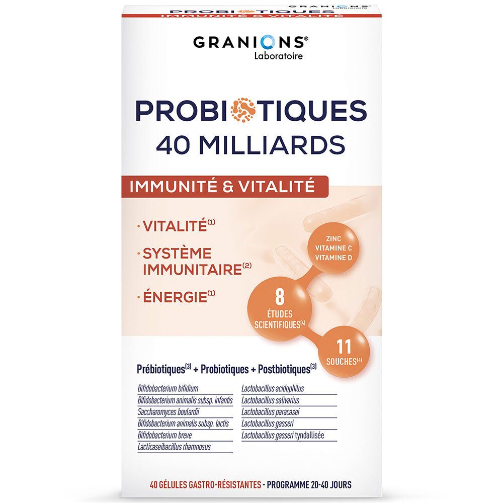 Boîte de Granions Probiotiques 40 Milliards pour Immunité & Vitalité. Contient prébiotiques, probiotiques, postbiotiques.
