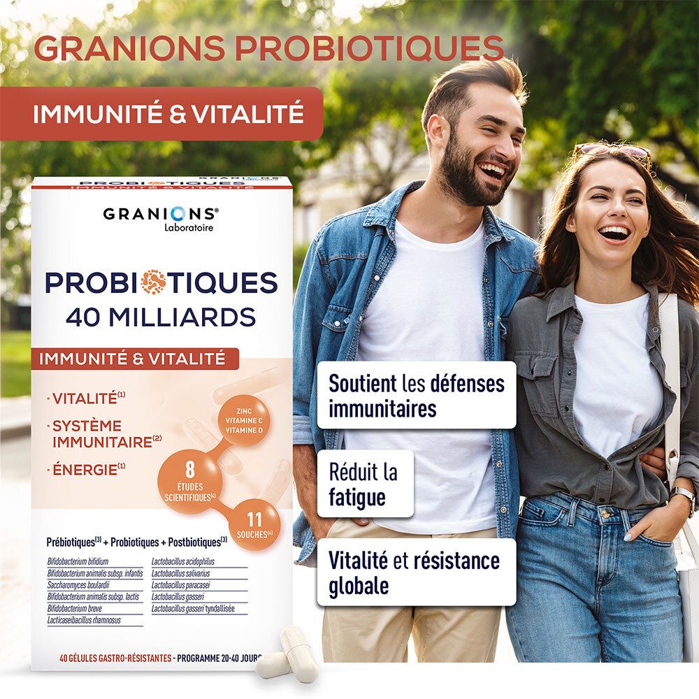 Boîte Granions Probiotiques 40 Milliards à côté d'un couple souriant. Soutient le système immunitaire, réduit la fatigue.
