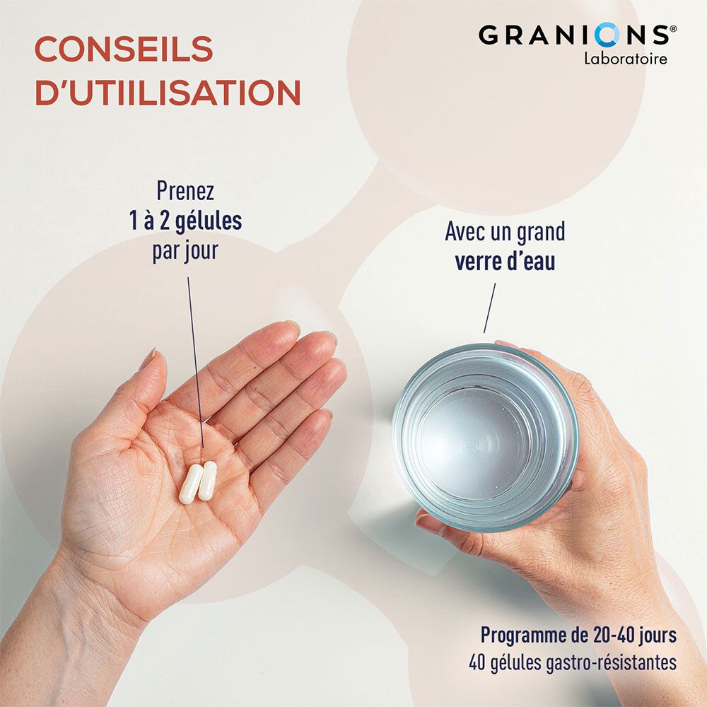 Mains montrant 2 gélules et un verre d'eau. Instructions pour prendre Granions Probiotiques 40 Milliards.