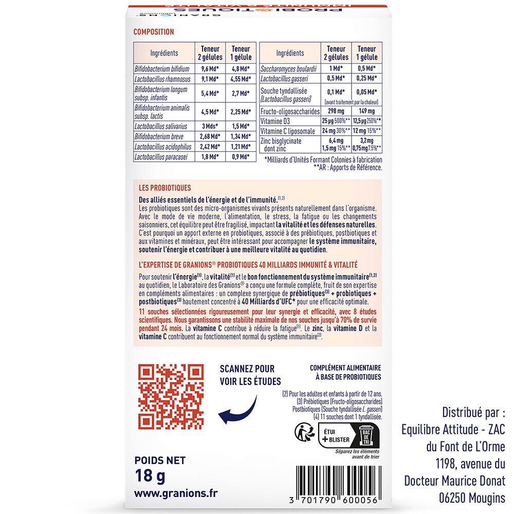 Arrière de la boîte Granions Probiotiques 40 Milliards avec composition et QR code.