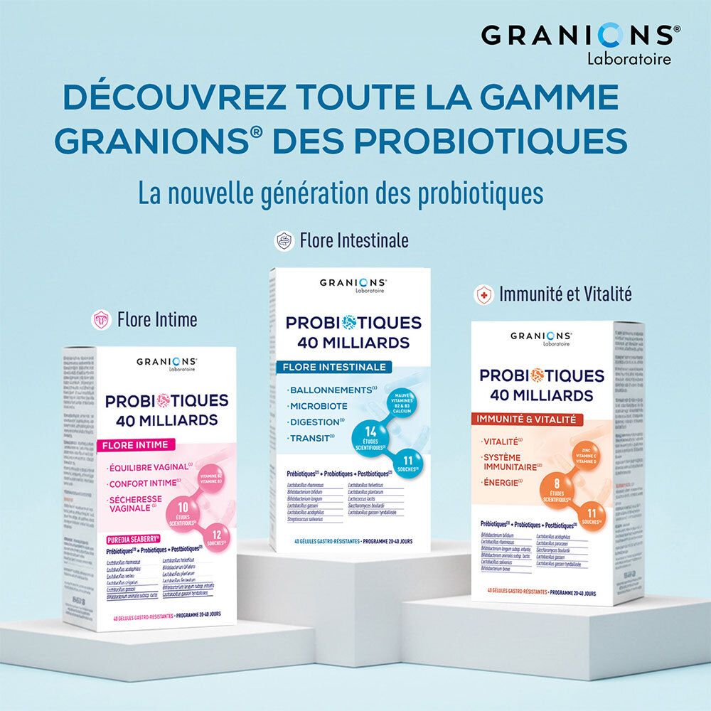 Vue latérale de la boîte Granions Probiotiques 40 Milliards avec informations détaillées.
