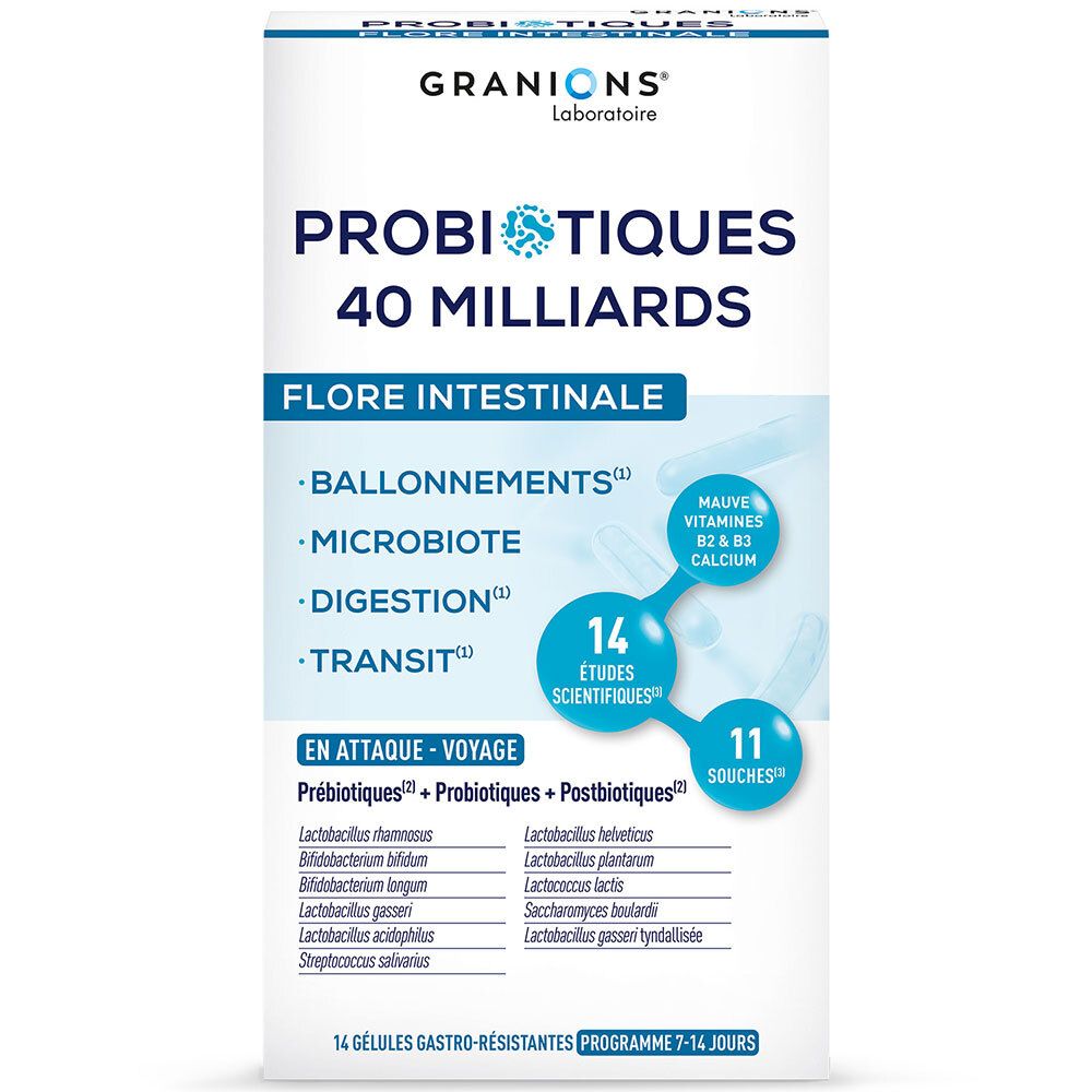 Schachtel mit GRANIONS PROBIO INTEST GELUL. Aufschrift: PROBIOTIQUES 40 MILLIARDS, Flore Intestinale. 14 Kapseln.