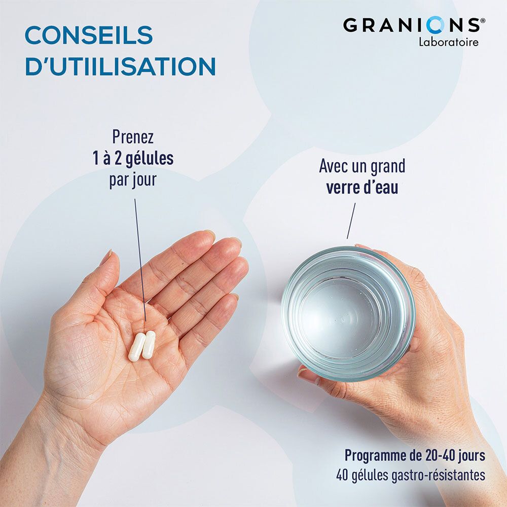 Hände halten 2 Kapseln und ein Glas Wasser. Text: Prenez 1 à 2 gélules par jour. Programme de 20-40 jours.