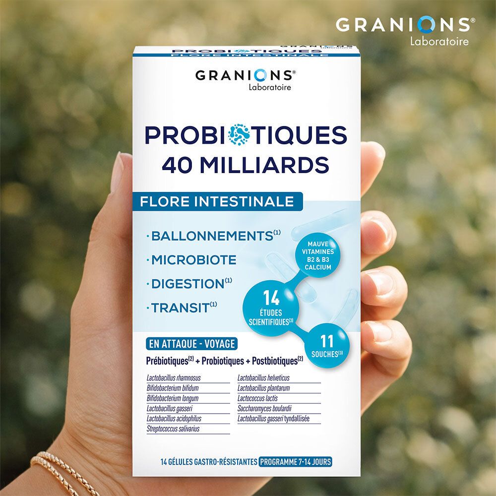 Hand hält eine Packung GRANIONS PROBIOTIQUES. Aufschrift: PROBIOTIQUES 40 MILLIARDS, Flore Intestinale. 14 Kapseln.