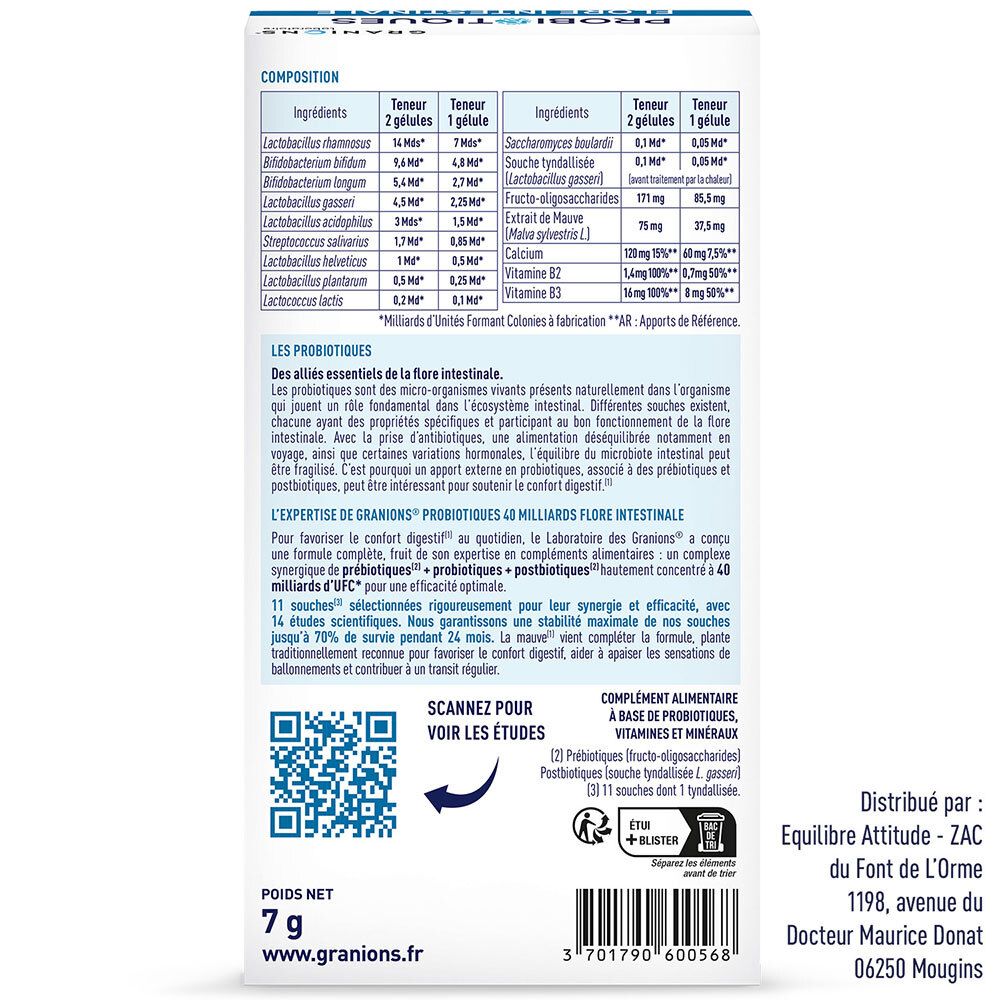 Rückseite der Packung GRANIONS PROBIOTIQUES. Text: Composition, Les probiotiques, L'Expertise de GRANIONS.