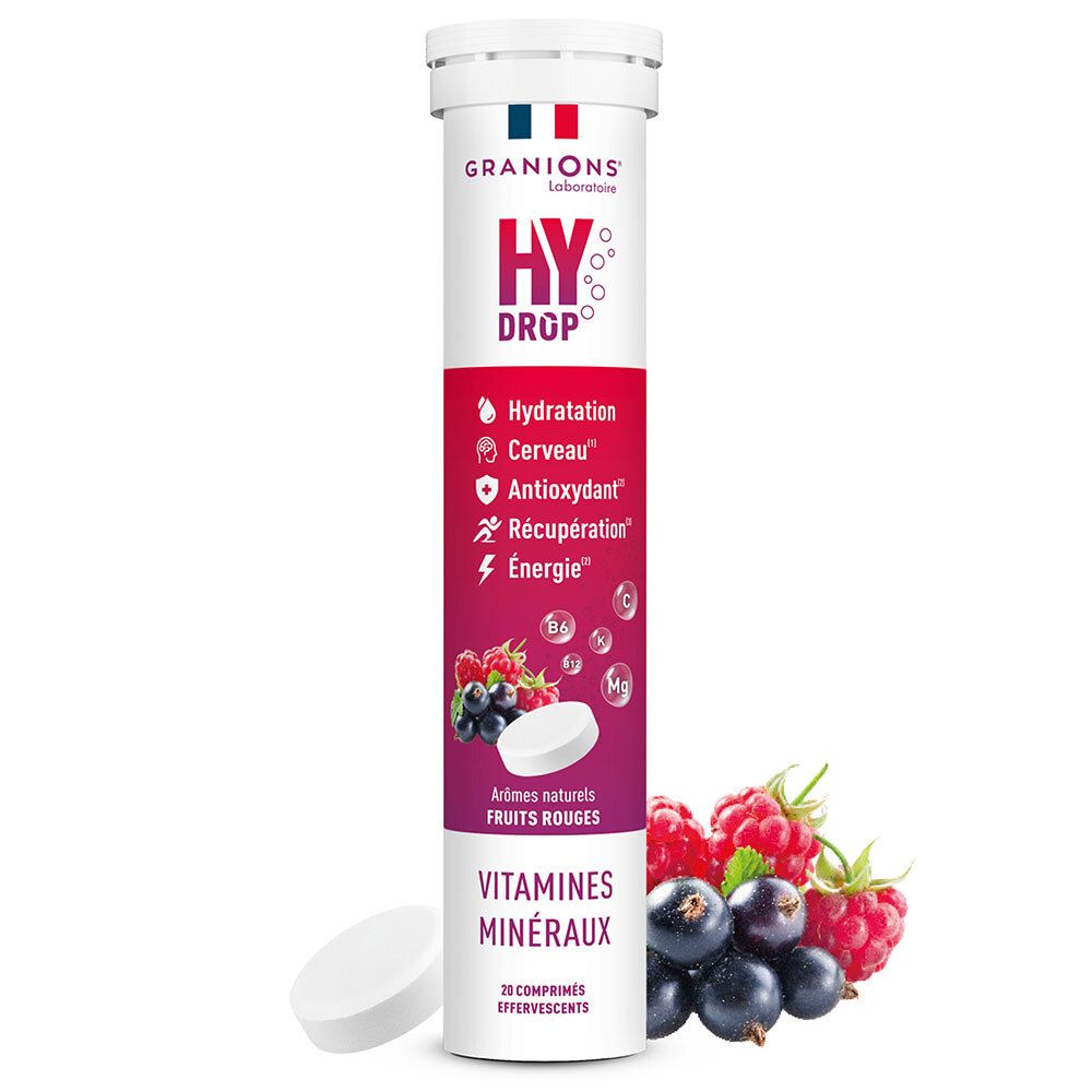 Emballage cylindrique. Contient des comprimés effervescents. Inscriptions : HYDROP, Vitamines, Minéraux. Avec fruits.