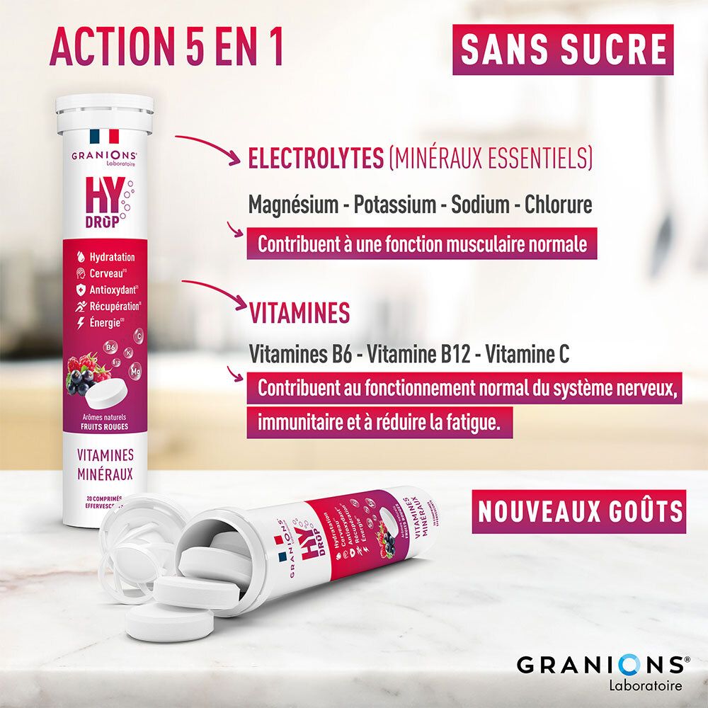 Emballage et texte du produit. Contient des électrolytes, des vitamines. Texte : 5 en 1, sans sucre. Comprimés effervescents.