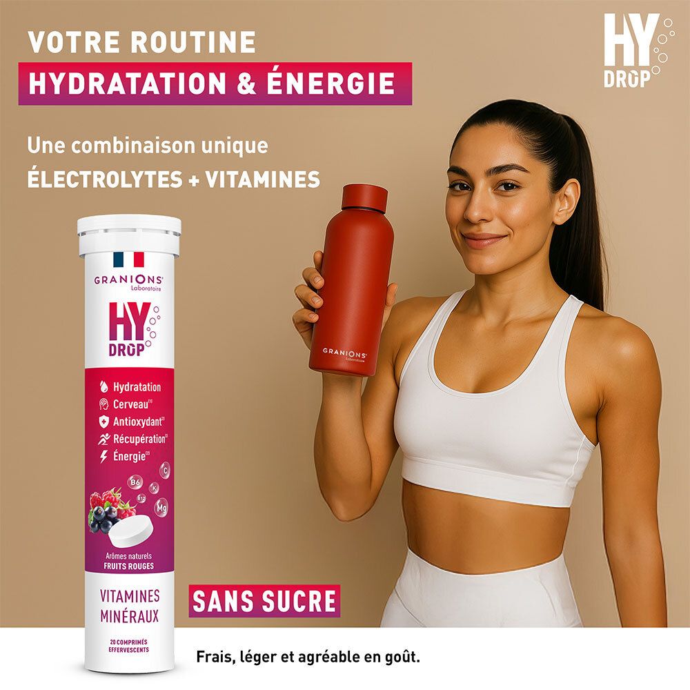 Femme avec une gourde rouge. Emballage du produit. Texte : Hydratation & Énergie, sans sucre. Comprimés effervescents.