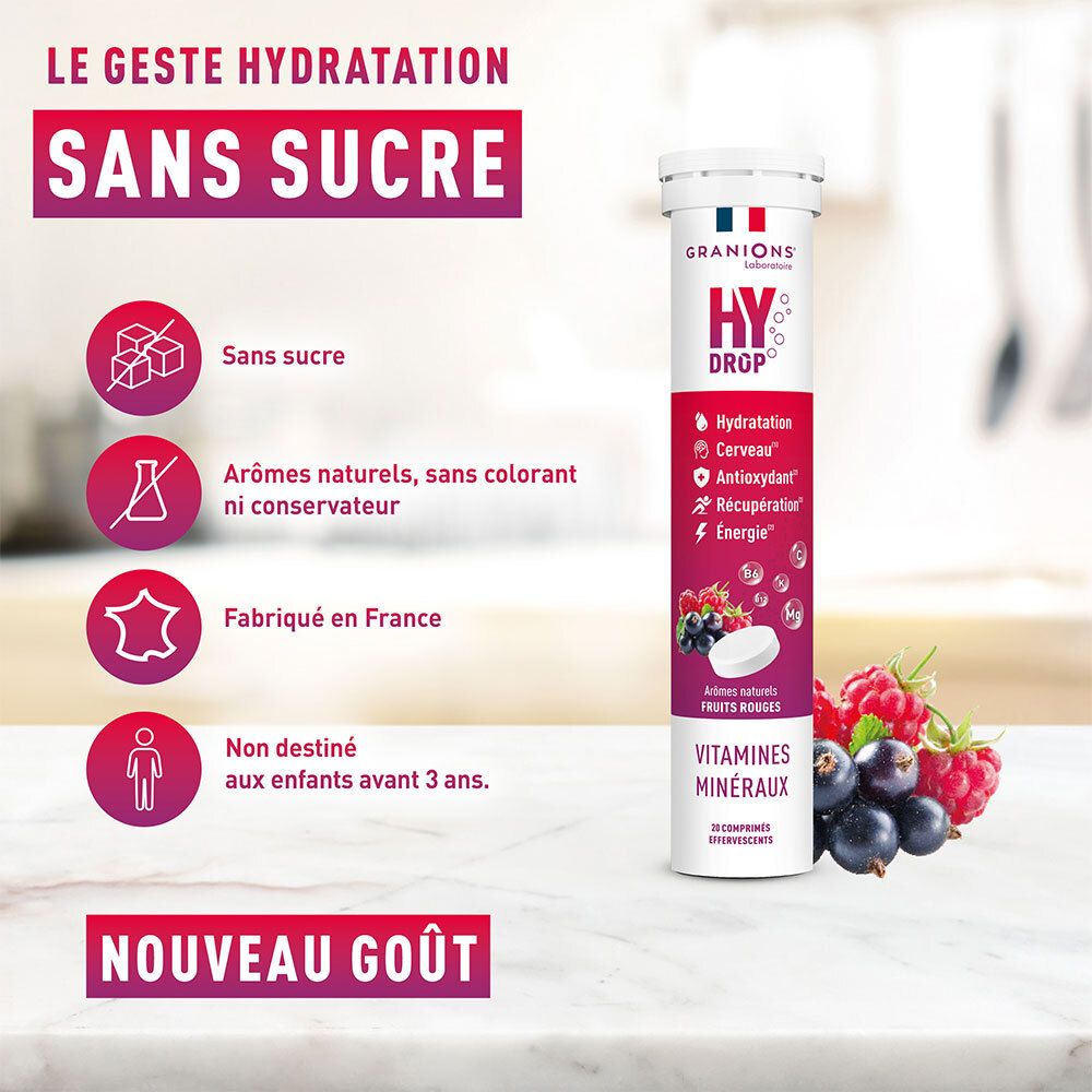 Emballage du produit. Texte : Sans sucre, arômes naturels, fabriqué en France. Comprimés effervescents.