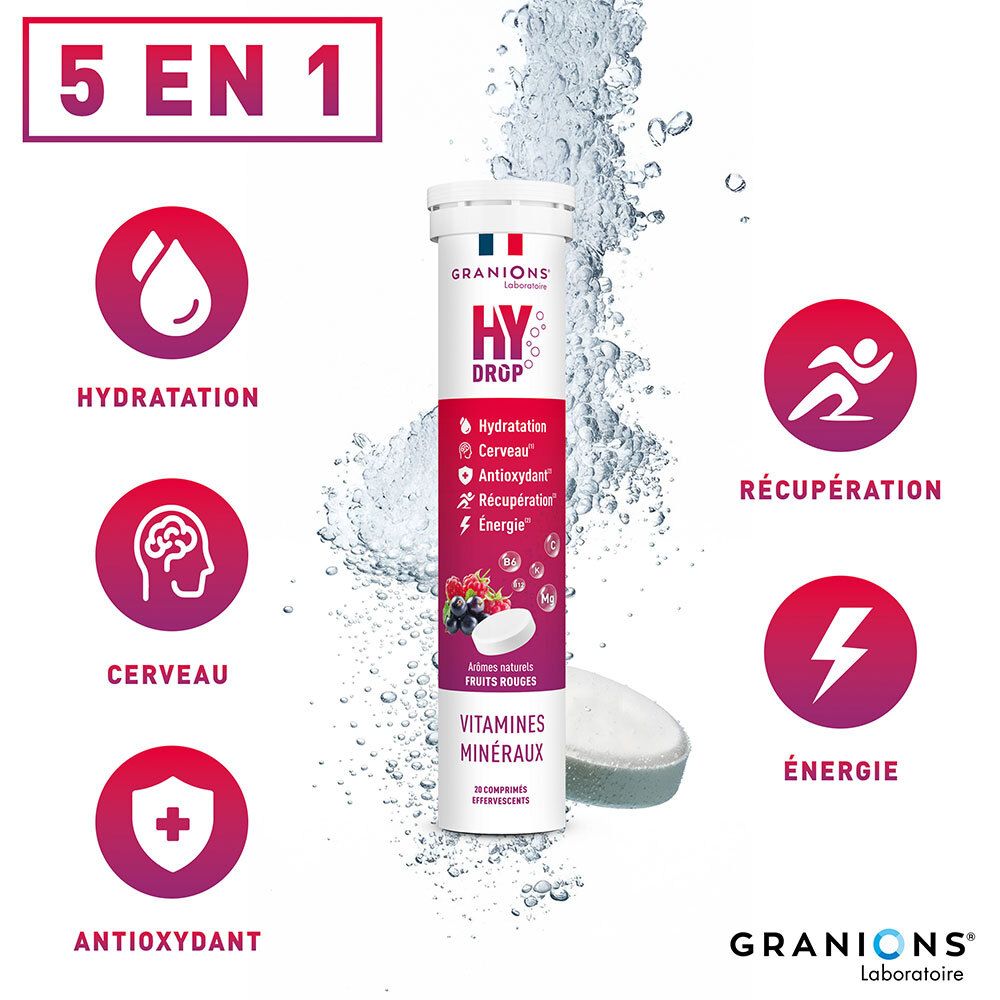 Emballage du produit. Texte : 5 en 1, Hydratation, Cerveau, Antioxydant, Récupération, Énergie. Comprimés effervescents.