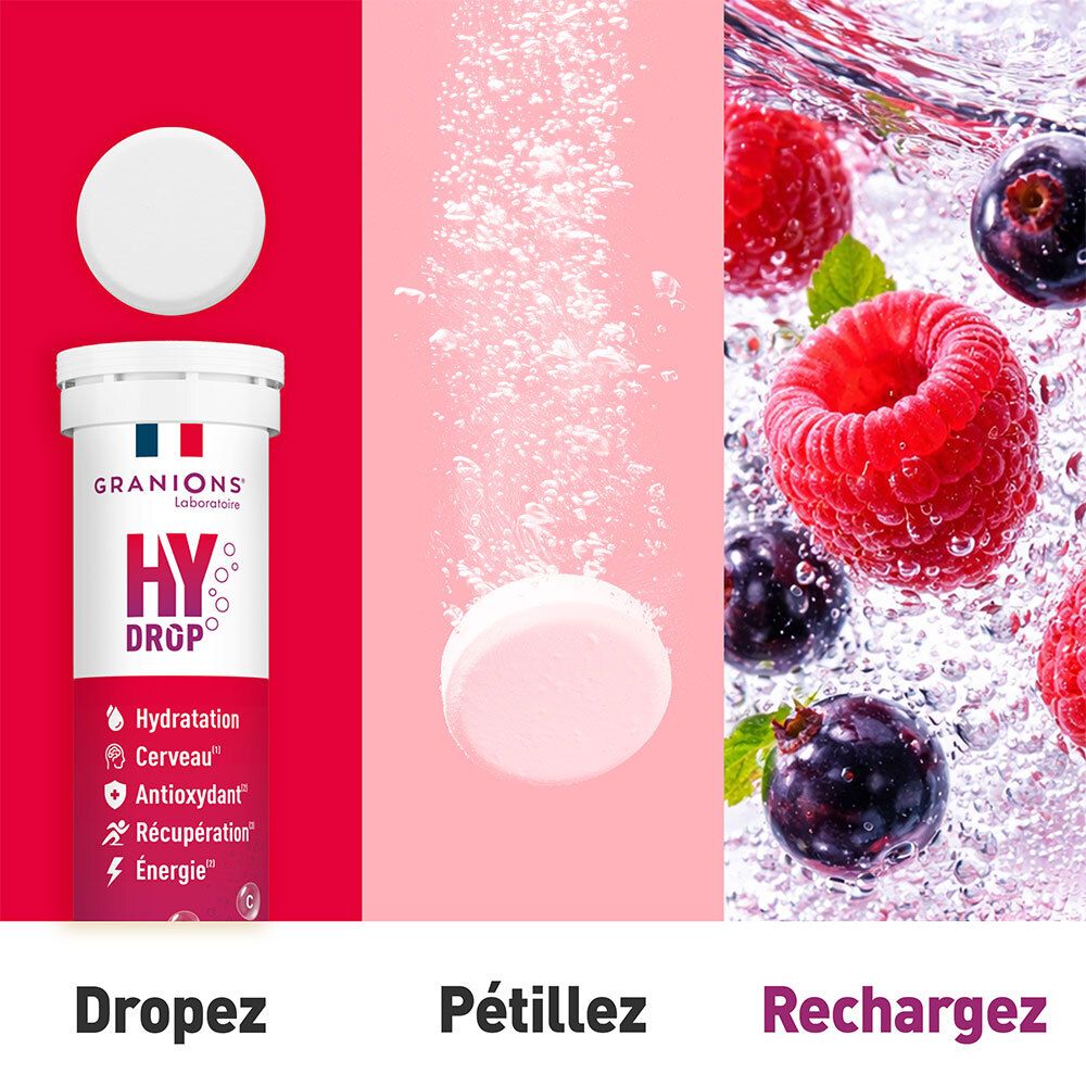Comprimé effervescent se dissolvant dans l'eau. Emballage du produit. Texte : HYDROP. Fruits. Comprimés effervescents.