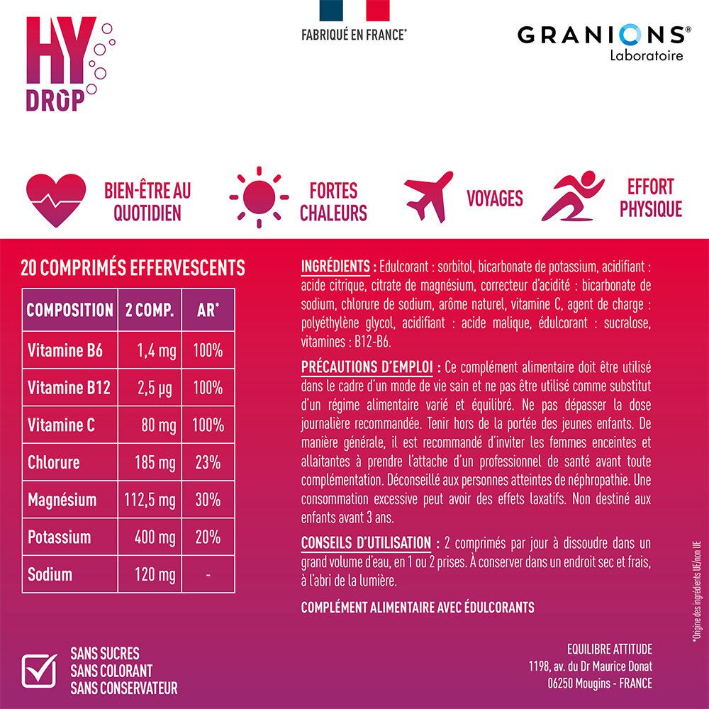 Emballage du produit. Texte : 20 comprimés effervescents. Composition, ingrédients, conseils d'utilisation. Comprimés effervescents.
