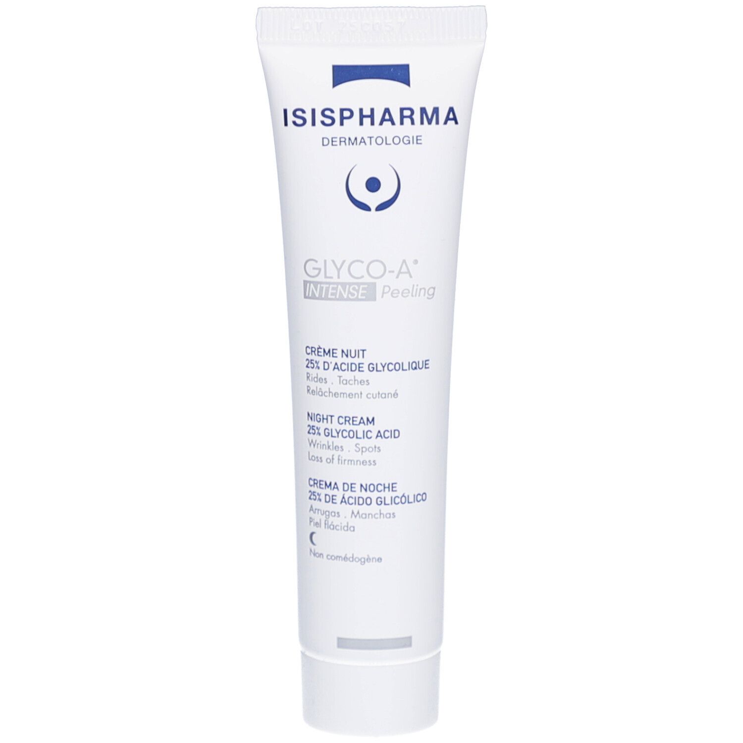 Weiße Tube mit blauer Schrift. Enthält Nachtcreme mit 25% Glykolsäure. Marke: ISIPHARMA.