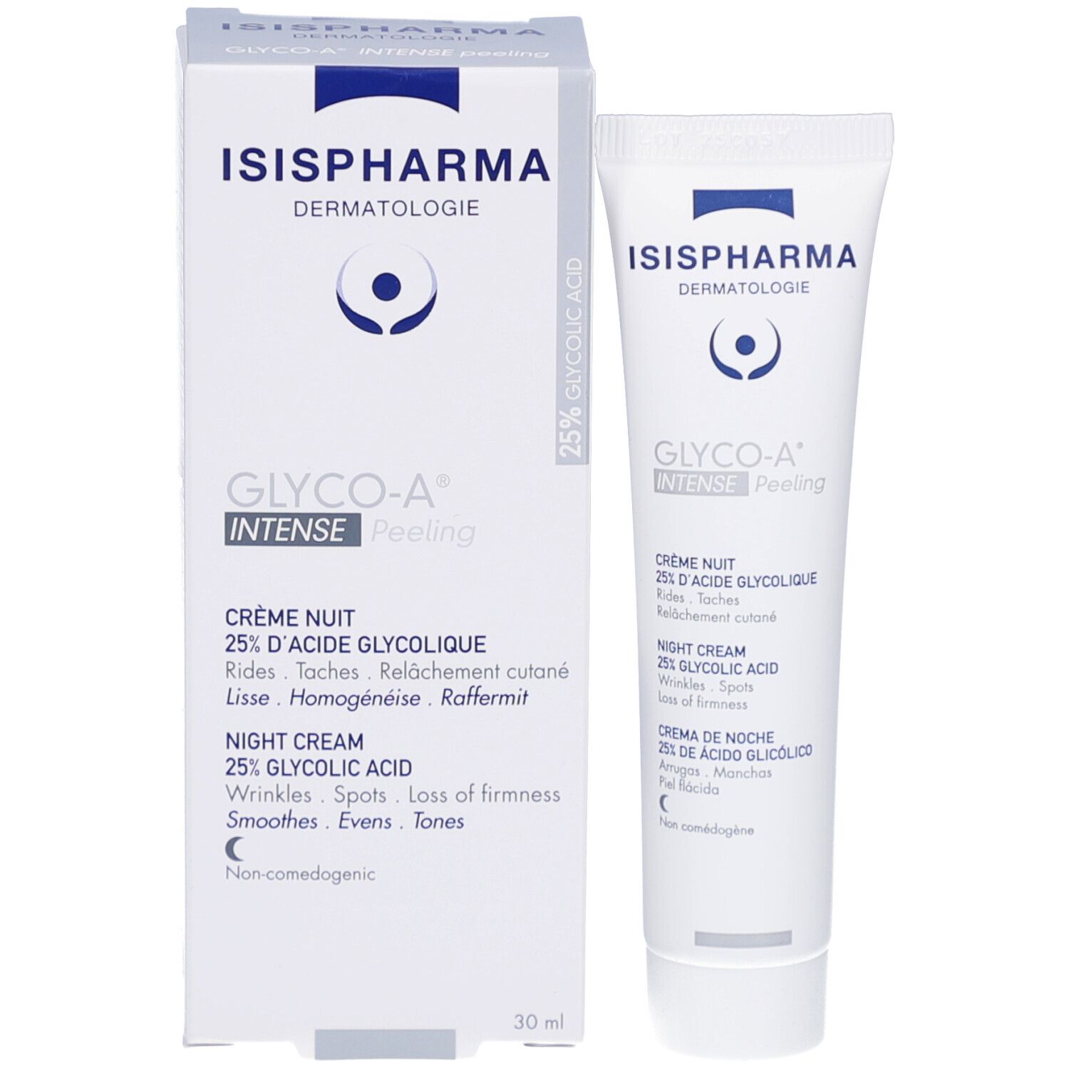 Produktverpackung und Tube. Verpackung: weiß mit blauer Schrift. Enthält Nachtcreme. Marke: ISIPHARMA.