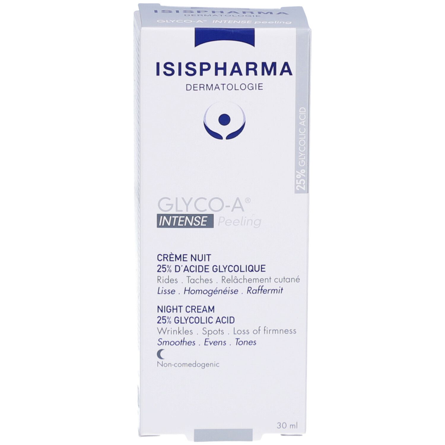 Produktverpackung. Weiß mit blauer Schrift. Enthält Nachtcreme mit 25% Glykolsäure. Marke: ISIPHARMA.