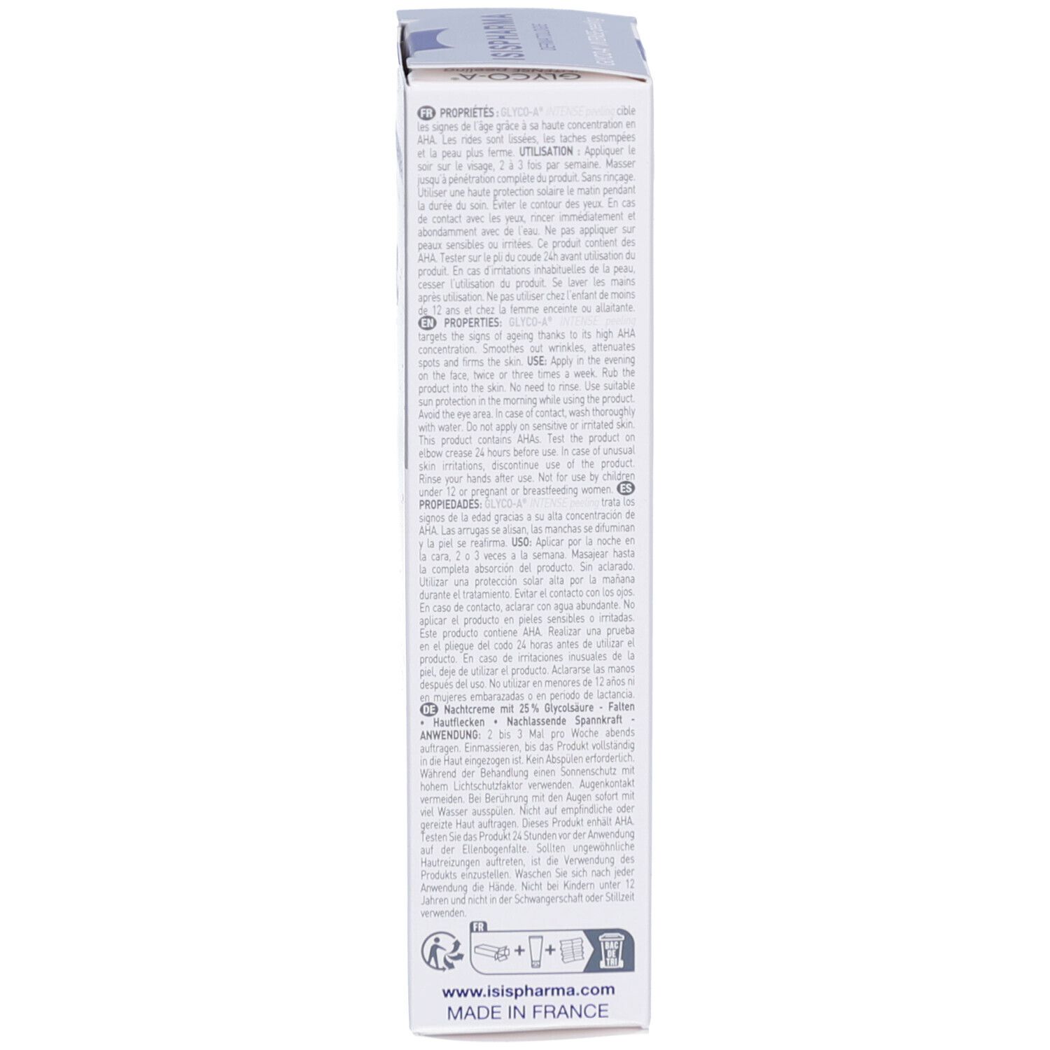 Seite der Produktverpackung. Enthält Text in mehreren Sprachen. Marke: ISIPHARMA.