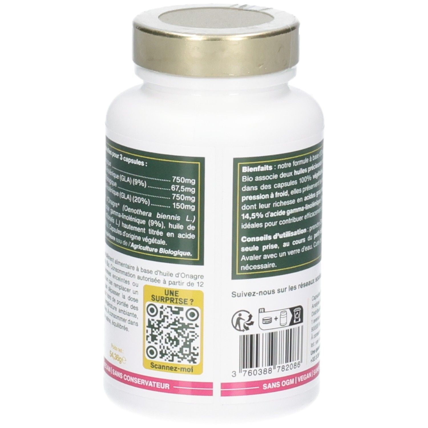 Rückseite der Flasche. Textinformationen, QR-Code. Vegan-Logo. Pinkfarbener Streifen am Boden.
