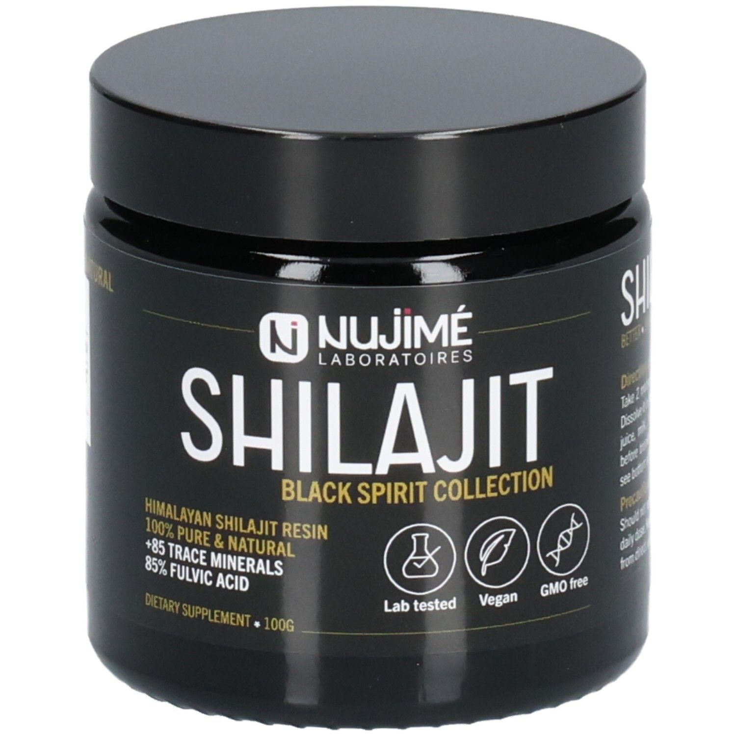 Schwarzes Glas mit Deckel. Aufschrift SHILAJIT, darunter BLACK SPIRIT COLLECTION. Logos: Lab getestet, Vegan, GMO frei. 100g.
