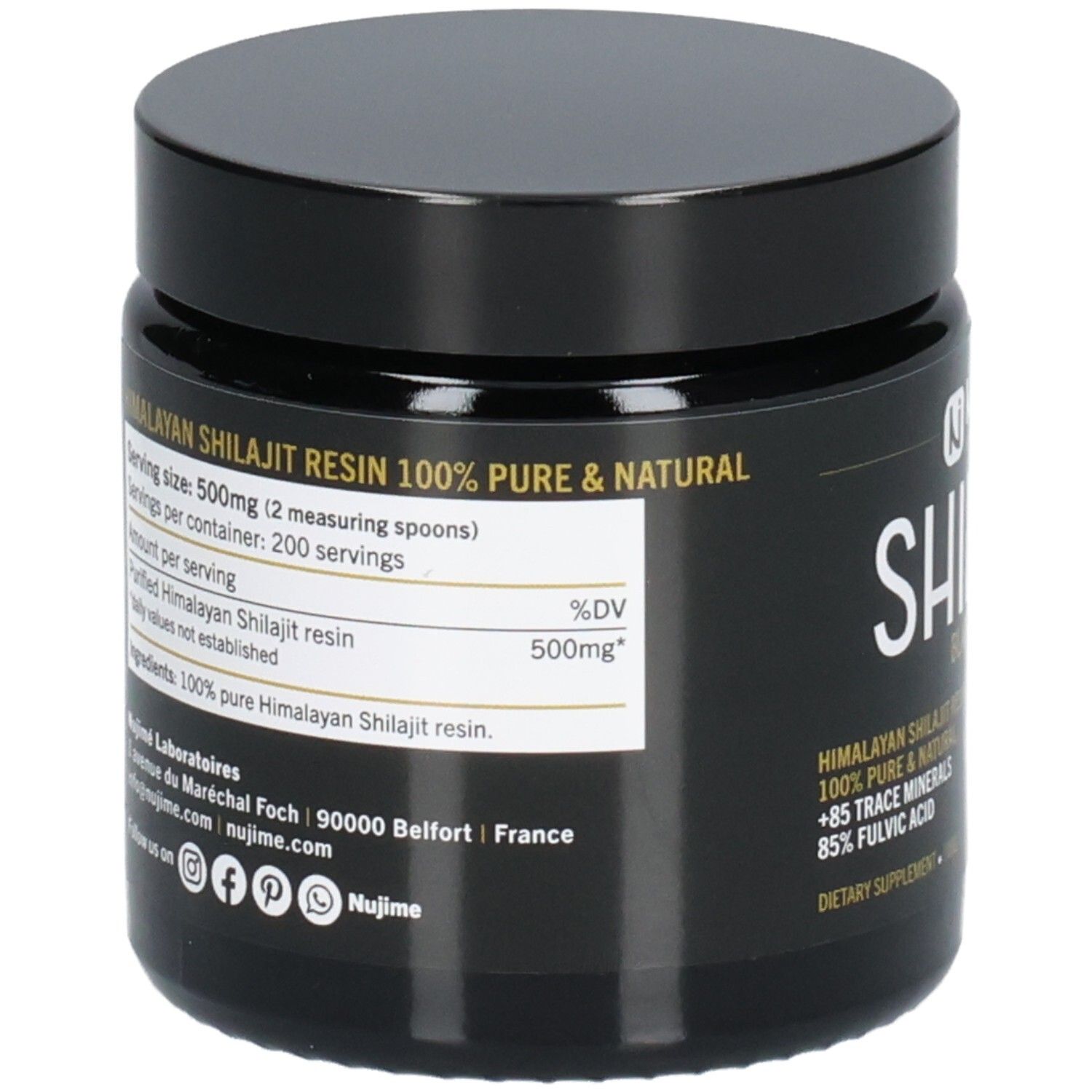 Schwarzes Glas mit Deckel. Aufschrift SHILAJIT. Rückseite mit Informationen: 100% reines Himalaya Shilajit, Nujime Laboratoires.