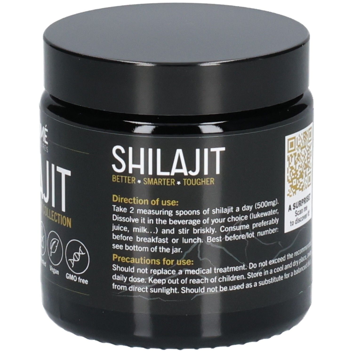 Schwarzes Glas mit Deckel. Aufschrift SHILAJIT, darunter BETTER * SMARTER * TOUGHER. Logos: Lab getestet, Vegan, GMO frei.