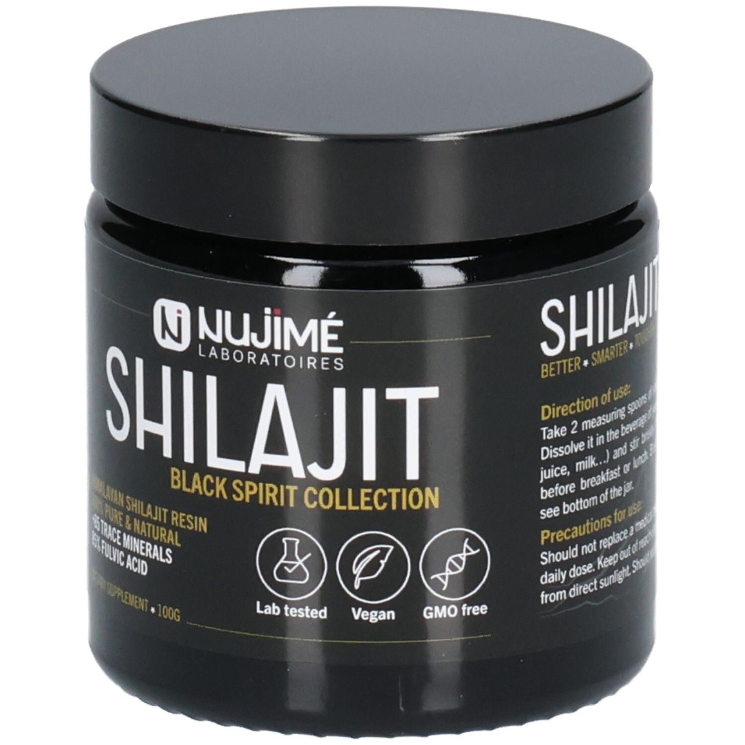 Schwarzes Glas mit Deckel. Aufschrift SHILAJIT, darunter BLACK SPIRIT COLLECTION. Logos: Lab getestet, Vegan, GMO frei. 100g.