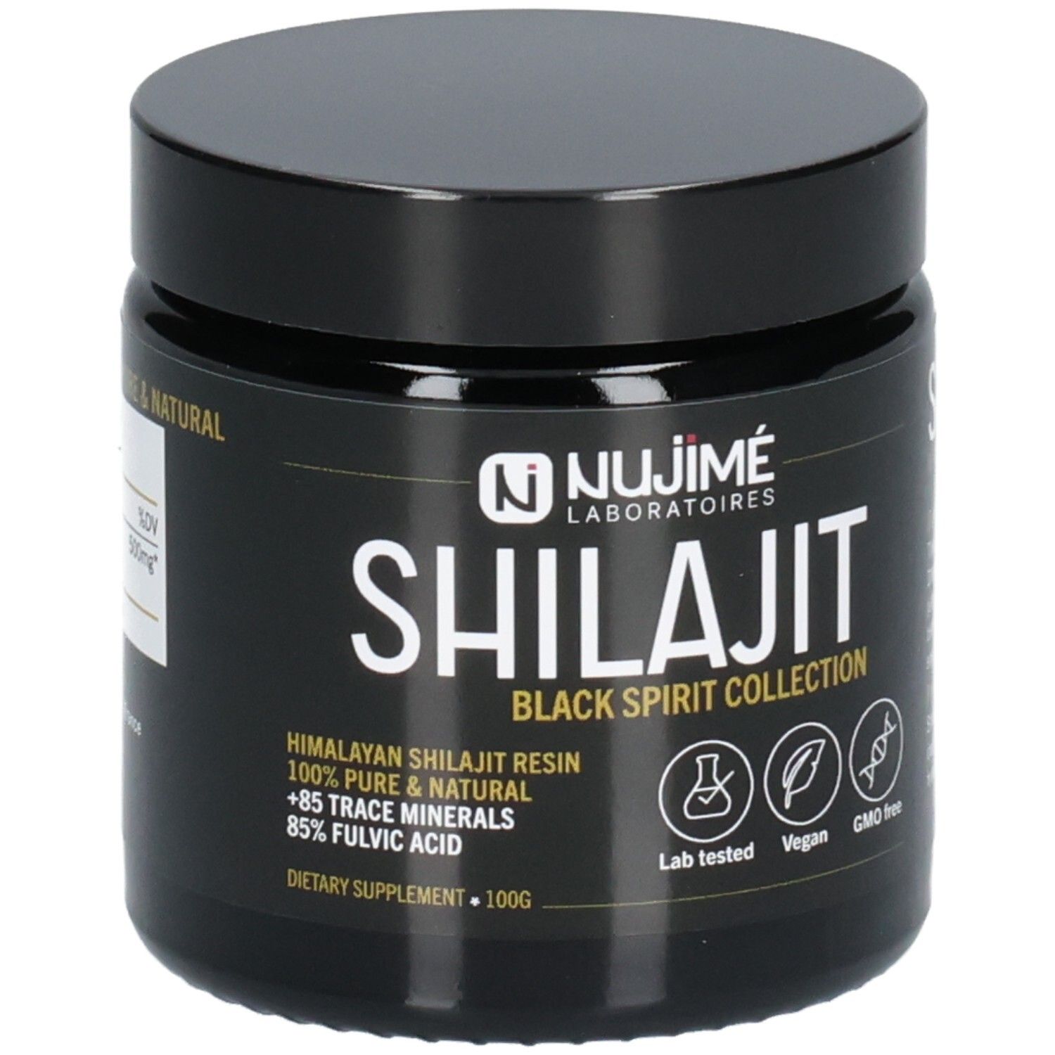 Schwarzes Glas mit Deckel. Aufschrift SHILAJIT, darunter BLACK SPIRIT COLLECTION. Logos: Lab getestet, Vegan, GMO frei. 100g.