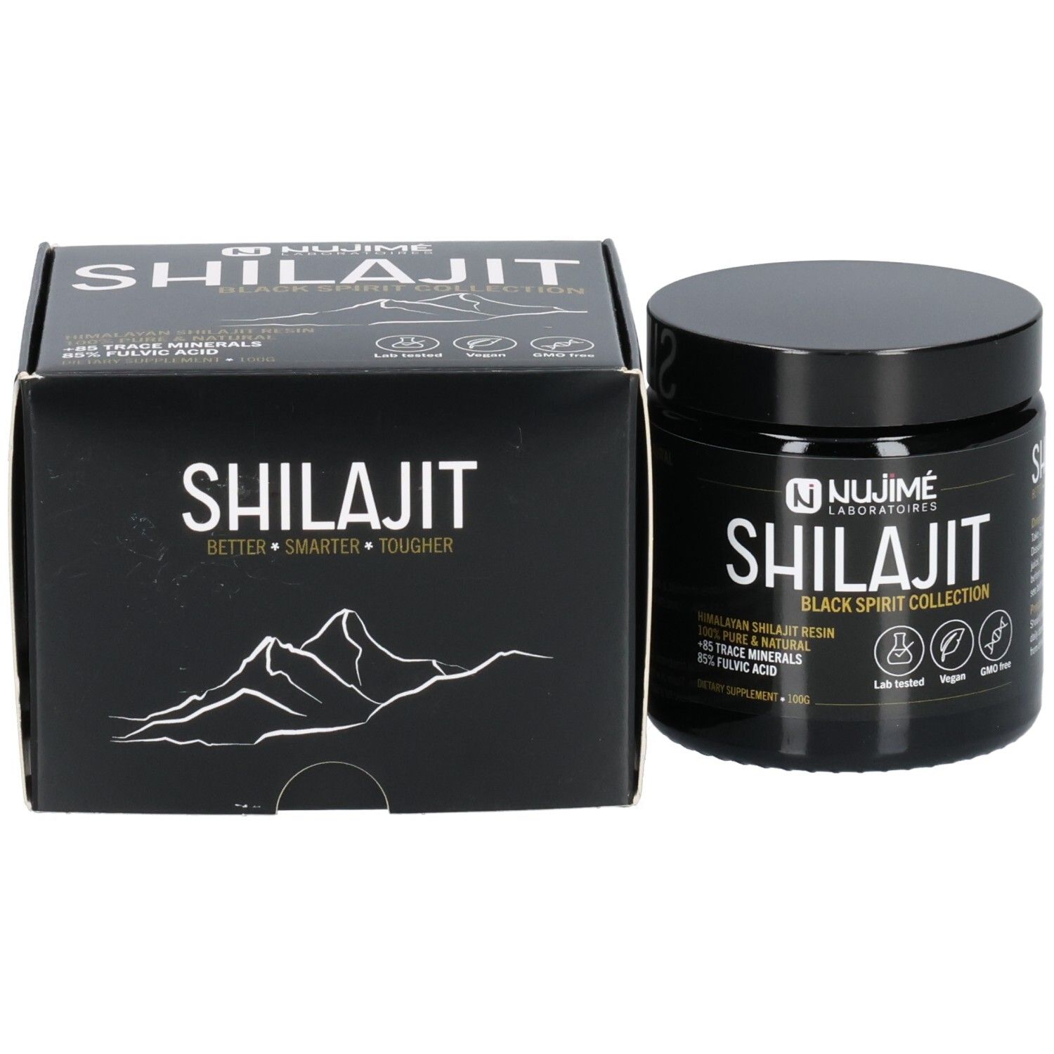 Schwarzes Glas mit Deckel und schwarze Schachtel. Aufschrift SHILAJIT. Schachtel mit Logo und Text: BETTER * SMARTER * TOUGHER.
