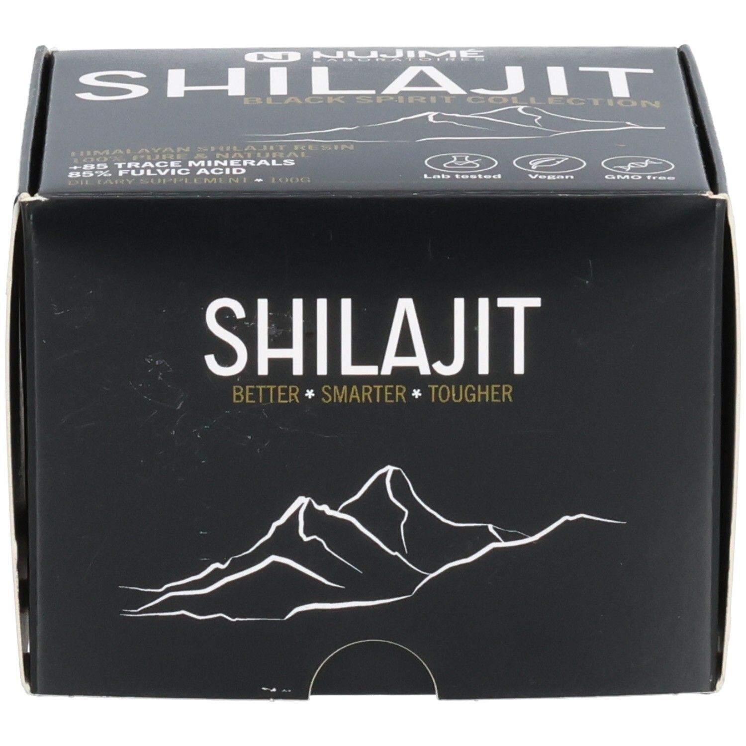 Schwarze Schachtel. Aufschrift SHILAJIT, darunter BETTER * SMARTER * TOUGHER. Abbildung von Bergen.