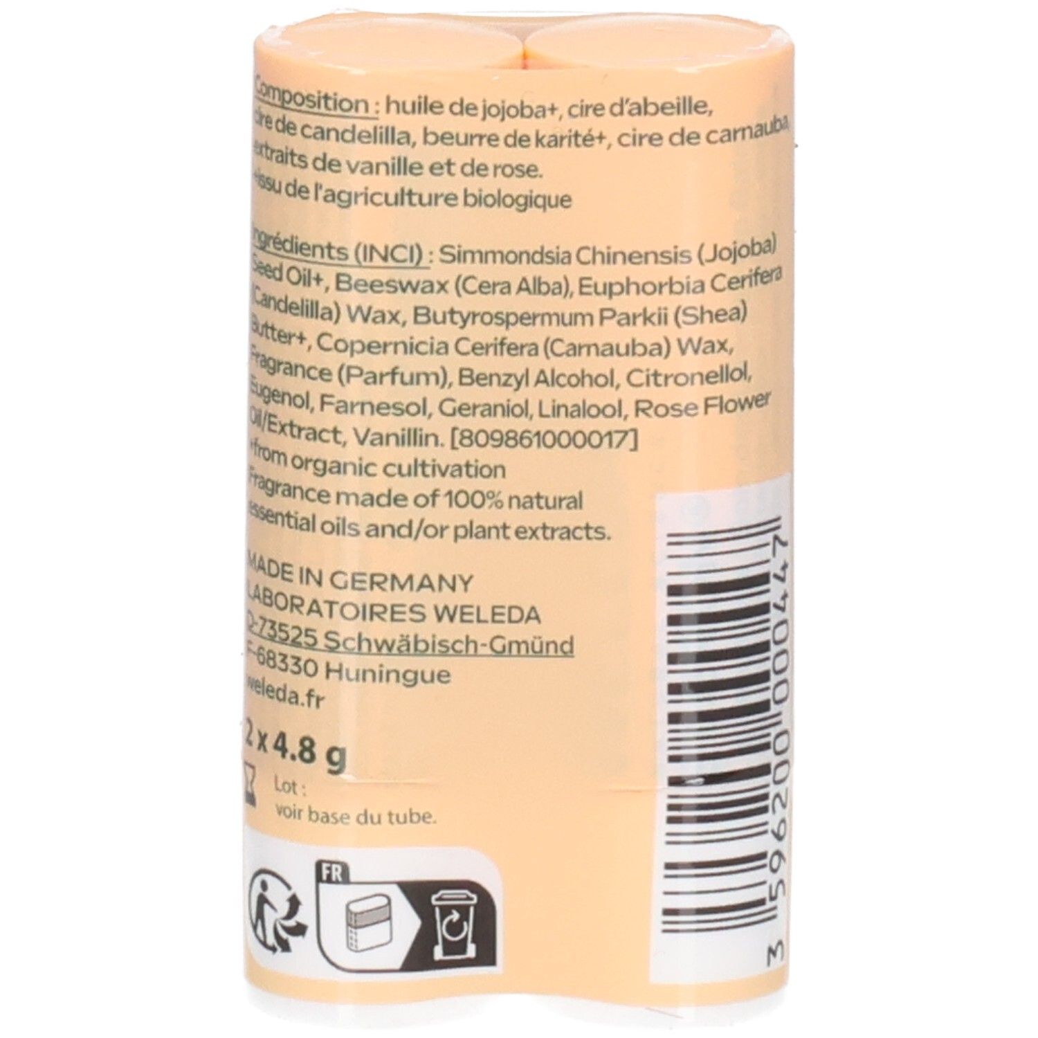 Rückseite der Doppelpackung. Text mit Inhaltsstoffen, Herkunft und Hersteller. 2x4,8 g. Mit Barcode und Recycling-Symbolen.