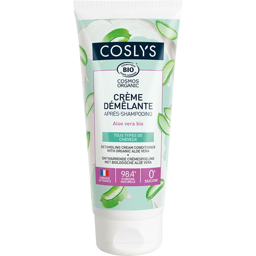Creme-Tube mit Produktnamen und Logo. Bio-Zertifizierung. Text: Crème démêlante, Aloe vera bio. Für alle Haartypen.
