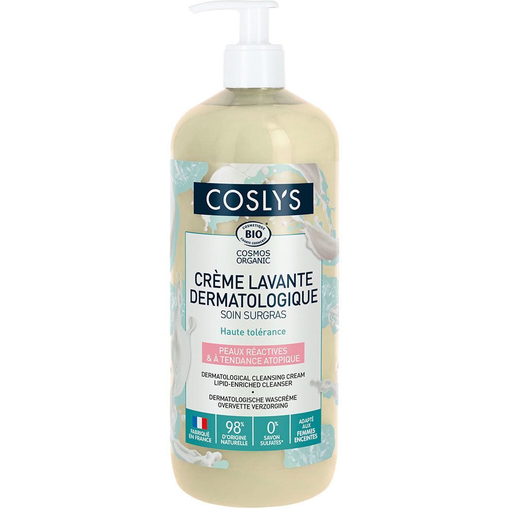 Flacon de Crème lavante dermatologique Coslys avec pompe. Inscription : Peaux réactives & à tendance atopique.