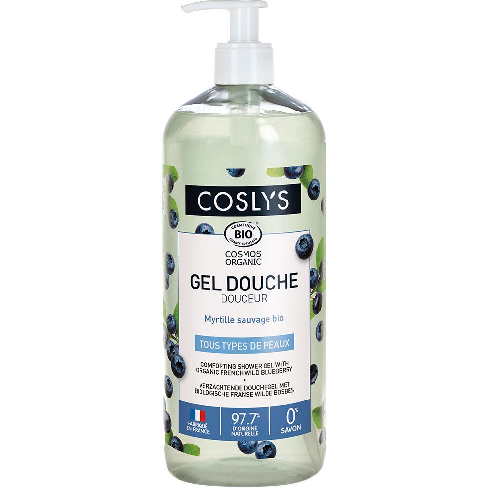 Flacon transparent avec pompe doseuse. Étiquette avec nom du produit, décor de myrtilles et certification bio.