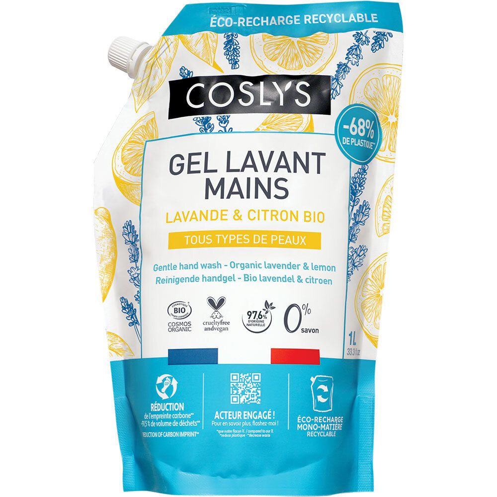 Nachfüllbeutel mit Produktaufdruck. Text: Coslys, Gel Lavant Mains, Lavande & Citron Bio. Zertifizierungen und Logos.