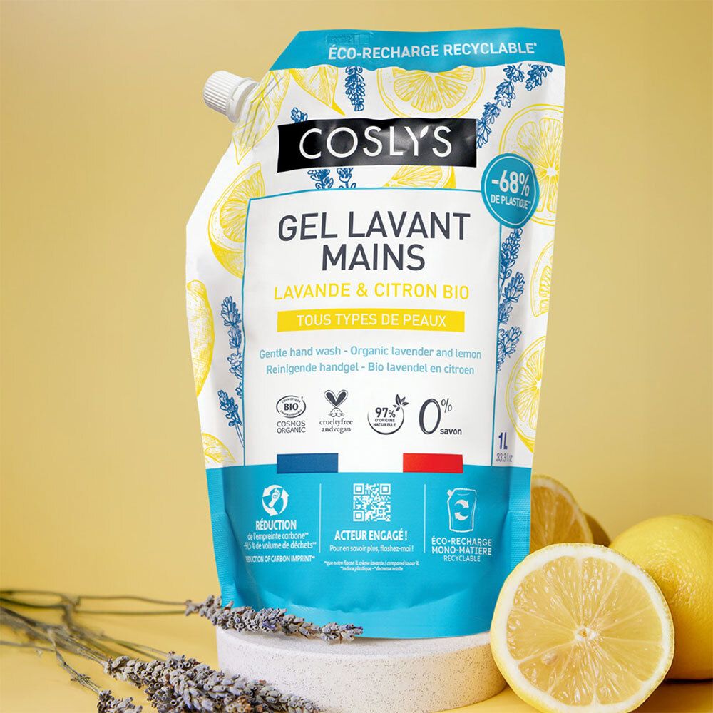 Nachfüllbeutel mit Produktaufdruck. Text: Coslys, Gel Lavant Mains, Lavande & Citron Bio. Zitronen und Lavendel.